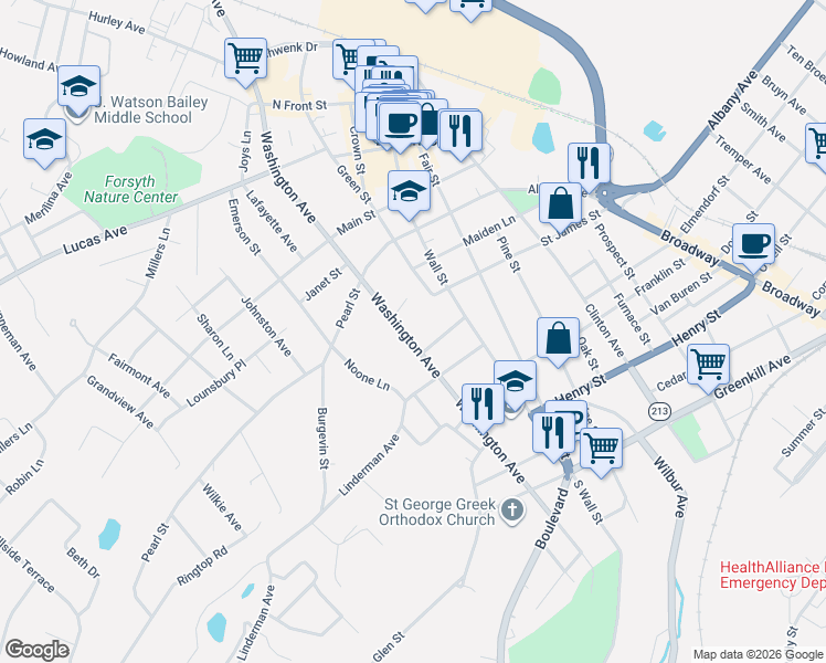 map of restaurants, bars, coffee shops, grocery stores, and more near 155 Washington Avenue in Kingston