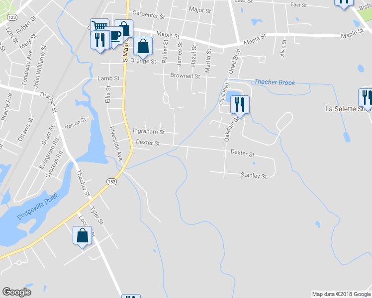 map of restaurants, bars, coffee shops, grocery stores, and more near 101 Dexter Street in Attleboro