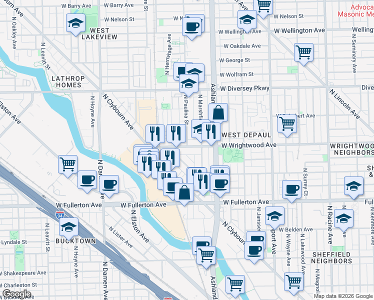 map of restaurants, bars, coffee shops, grocery stores, and more near 1665 West Wrightwood Avenue in Chicago