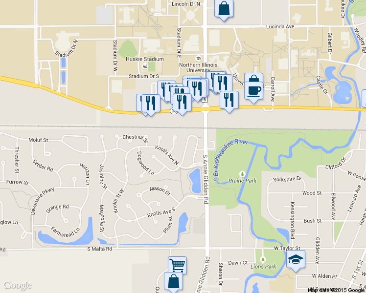 map of restaurants, bars, coffee shops, grocery stores, and more near 355 Deerpath Lane West in DeKalb
