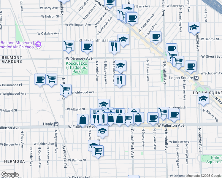 map of restaurants, bars, coffee shops, grocery stores, and more near 3709 West Wrightwood Avenue in Chicago