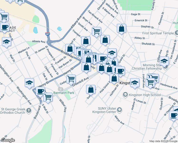 map of restaurants, bars, coffee shops, grocery stores, and more near 20 Cedar Street in Kingston