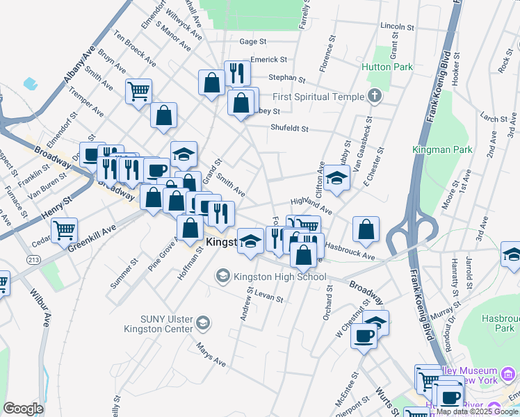 map of restaurants, bars, coffee shops, grocery stores, and more near 408 Hasbrouck Avenue in Kingston