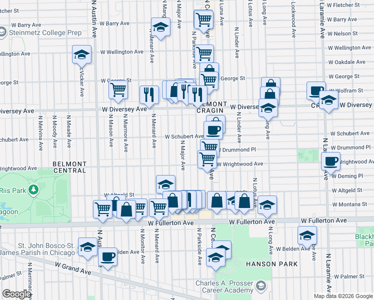 map of restaurants, bars, coffee shops, grocery stores, and more near 2611 North Major Avenue in Chicago