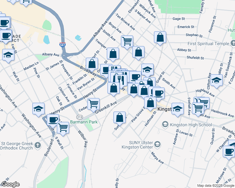 map of restaurants, bars, coffee shops, grocery stores, and more near 12 Cedar Street in Kingston