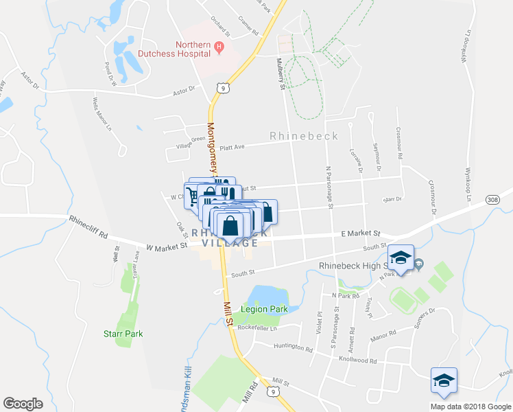map of restaurants, bars, coffee shops, grocery stores, and more near 23 Livingston Street in Rhinebeck Village Business District