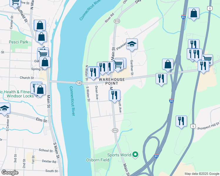 map of restaurants, bars, coffee shops, grocery stores, and more near 87 Main Street in East Windsor