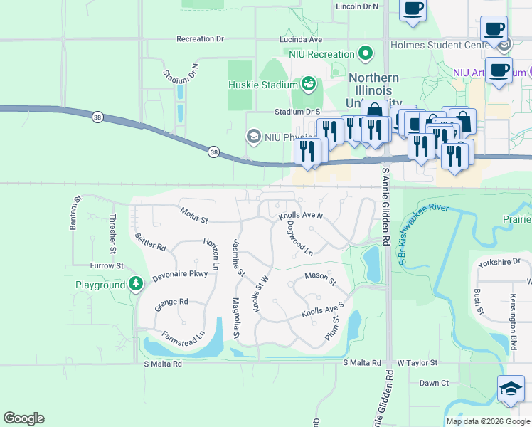 map of restaurants, bars, coffee shops, grocery stores, and more near 1381 Moluf Street in DeKalb