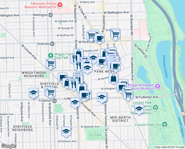 map of restaurants, bars, coffee shops, grocery stores, and more near 2500 North Orchard Street in Chicago