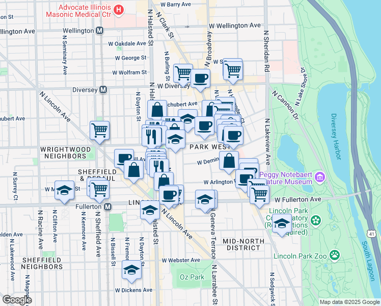 map of restaurants, bars, coffee shops, grocery stores, and more near 2500 North Orchard Street in Chicago