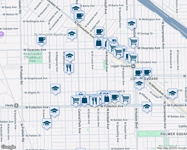 map of restaurants, bars, coffee shops, grocery stores, and more near 2605 North Saint Louis Avenue in Chicago