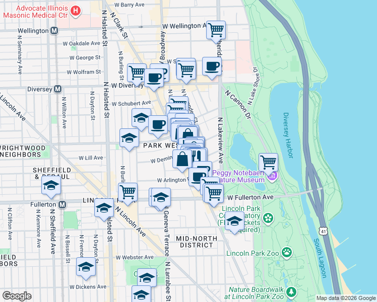 map of restaurants, bars, coffee shops, grocery stores, and more near 2525 North Clark Street in Chicago