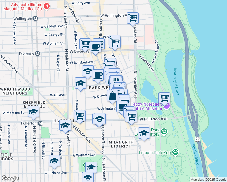 map of restaurants, bars, coffee shops, grocery stores, and more near 2504 North Clark Street in Chicago