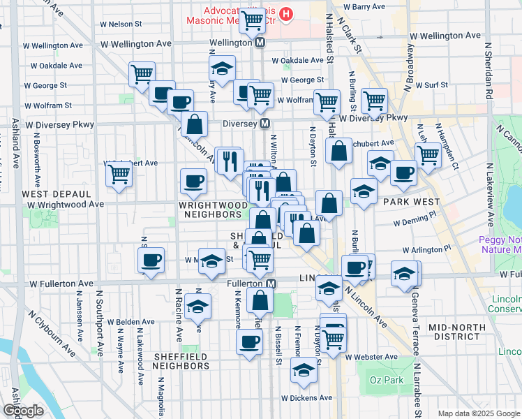 map of restaurants, bars, coffee shops, grocery stores, and more near 2518 North Sheffield Avenue in Chicago