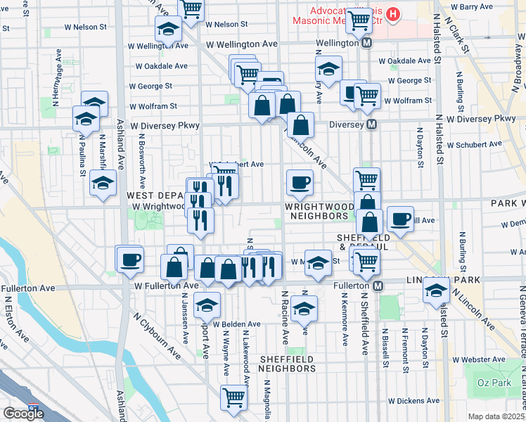 map of restaurants, bars, coffee shops, grocery stores, and more near 1236 West Lill Avenue in Chicago