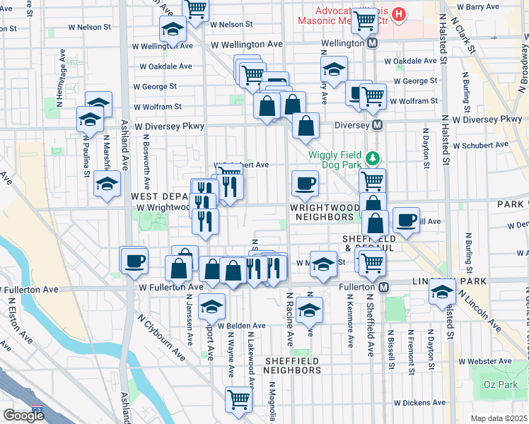 map of restaurants, bars, coffee shops, grocery stores, and more near 1236 West Lill Avenue in Chicago