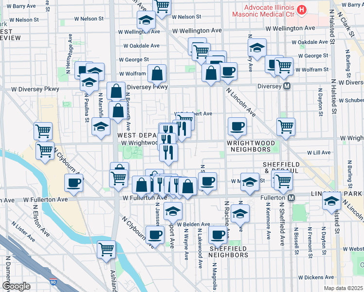 map of restaurants, bars, coffee shops, grocery stores, and more near 2531 North Southport Avenue in Chicago