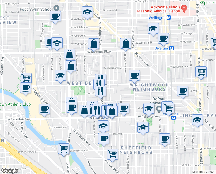 map of restaurants, bars, coffee shops, grocery stores, and more near 2531 North Southport Avenue in Chicago