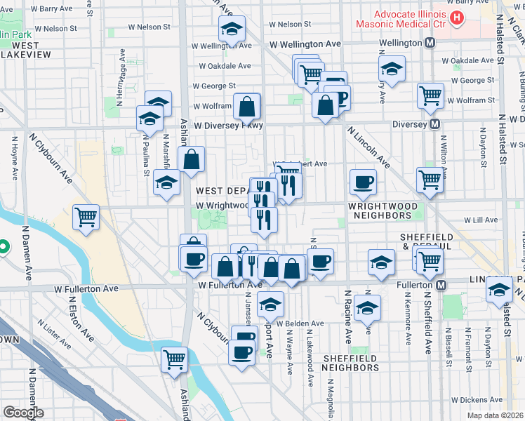 map of restaurants, bars, coffee shops, grocery stores, and more near 2531 North Southport Avenue in Chicago