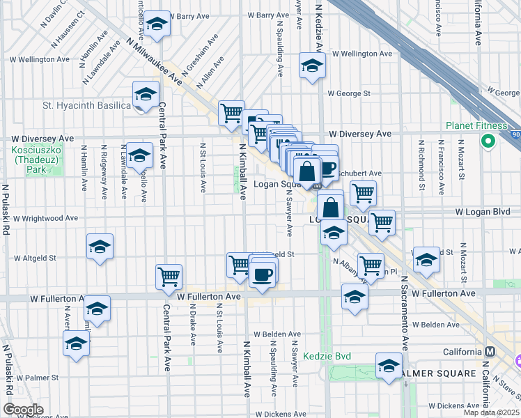 map of restaurants, bars, coffee shops, grocery stores, and more near 3303 West Wrightwood Avenue in Chicago