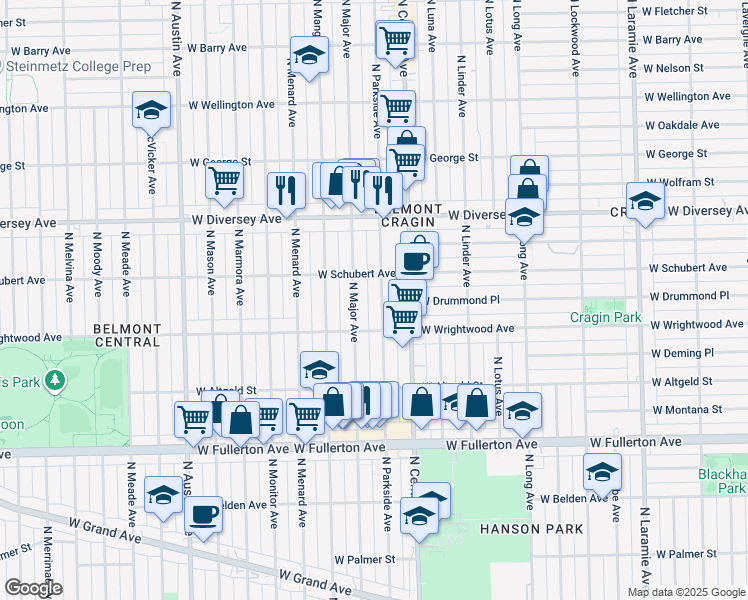 map of restaurants, bars, coffee shops, grocery stores, and more near 2611 North Major Avenue in Chicago