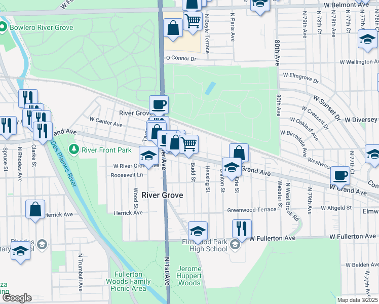map of restaurants, bars, coffee shops, grocery stores, and more near 8313 Grand Avenue in River Grove