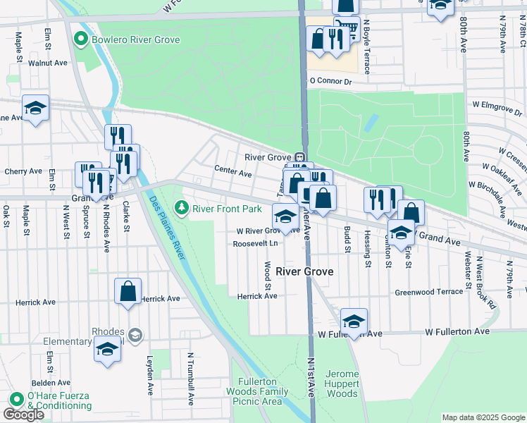map of restaurants, bars, coffee shops, grocery stores, and more near 8500 River Grove Avenue in River Grove