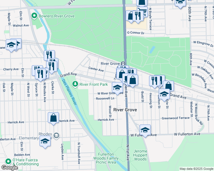 map of restaurants, bars, coffee shops, grocery stores, and more near 8500 River Grove Avenue in River Grove