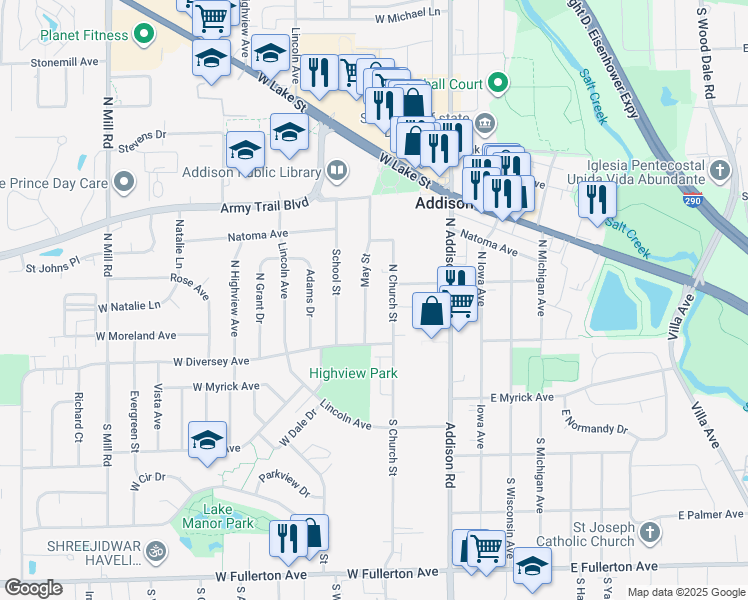 map of restaurants, bars, coffee shops, grocery stores, and more near 22 North Church Street in Addison