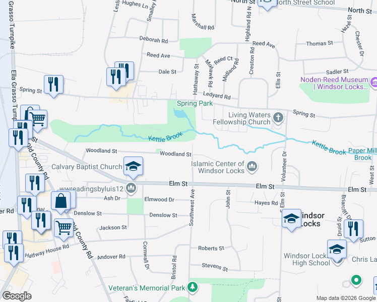 map of restaurants, bars, coffee shops, grocery stores, and more near 397 Woodland Street in Windsor Locks