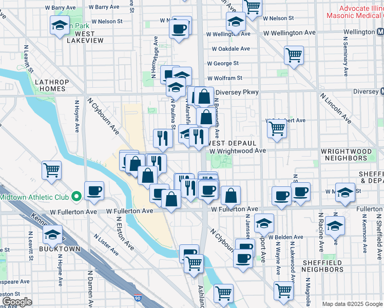 map of restaurants, bars, coffee shops, grocery stores, and more near 2557 North Marshfield Avenue in Chicago