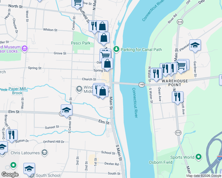 map of restaurants, bars, coffee shops, grocery stores, and more near Main Street in Windsor Locks