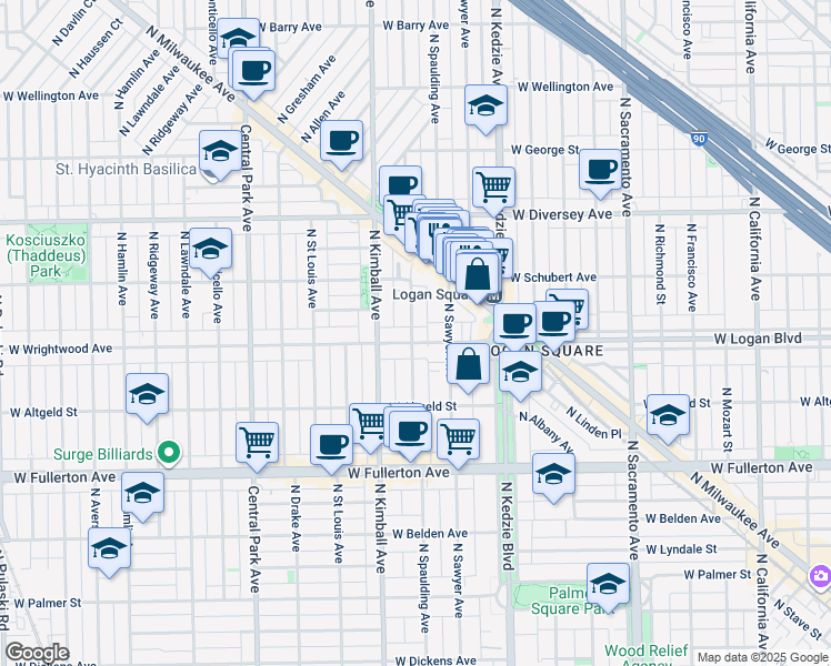 map of restaurants, bars, coffee shops, grocery stores, and more near 2605 North Spaulding Avenue in Chicago