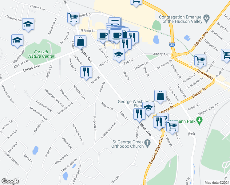 map of restaurants, bars, coffee shops, grocery stores, and more near 175 Washington Avenue in Kingston