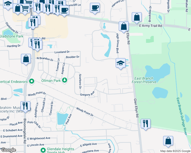 map of restaurants, bars, coffee shops, grocery stores, and more near 1893 Somerset Drive in Glendale Heights