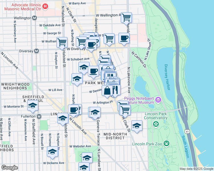 map of restaurants, bars, coffee shops, grocery stores, and more near 2504 North Clark Street in Chicago