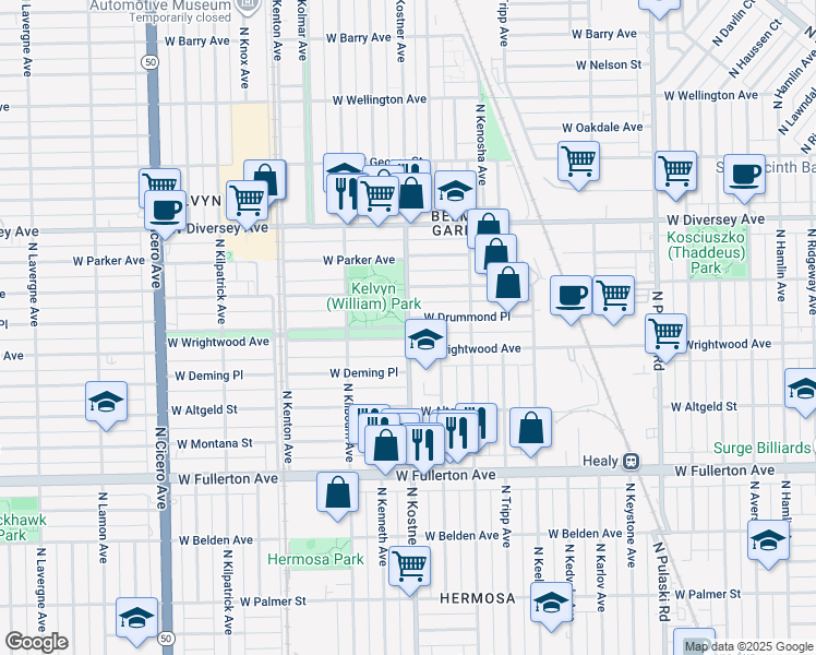map of restaurants, bars, coffee shops, grocery stores, and more near N Kostner Ave & W Wrightwood Ave in Chicago