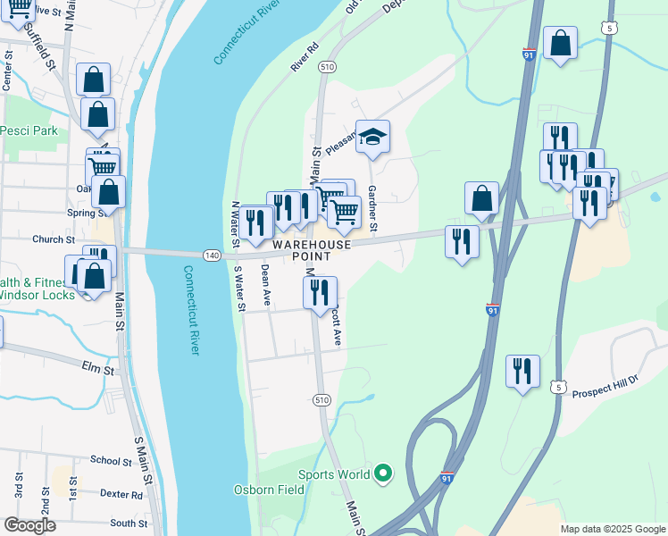 map of restaurants, bars, coffee shops, grocery stores, and more near 90 Main Street in East Windsor