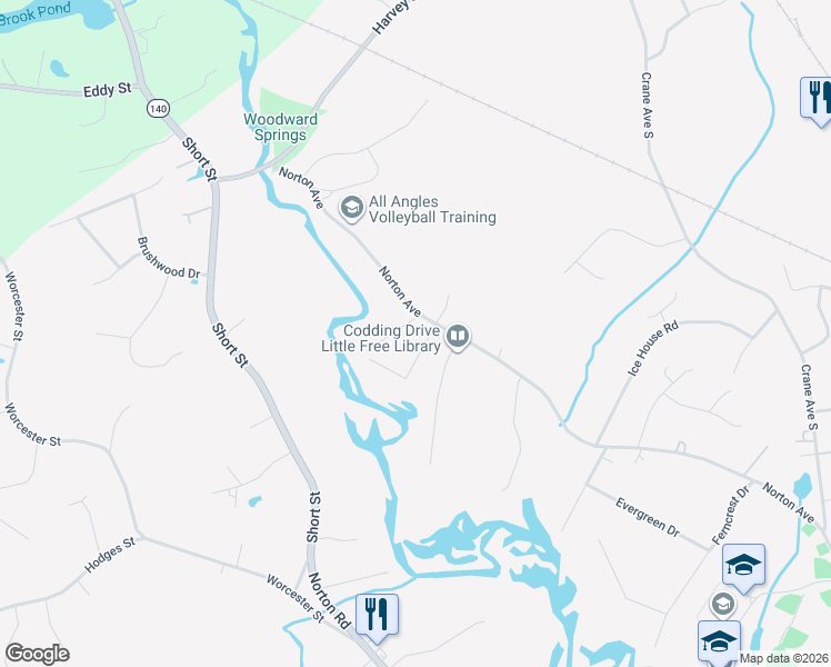map of restaurants, bars, coffee shops, grocery stores, and more near 32 Country Way in Taunton