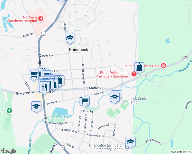 map of restaurants, bars, coffee shops, grocery stores, and more near Livingston Street & Beech Street in Rhinebeck Village Business District