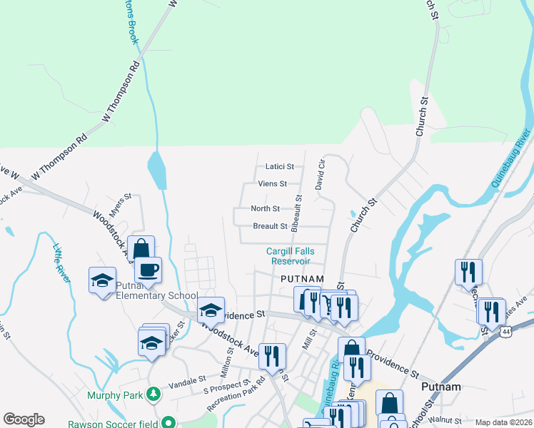 map of restaurants, bars, coffee shops, grocery stores, and more near 100 Breault Street in Putnam