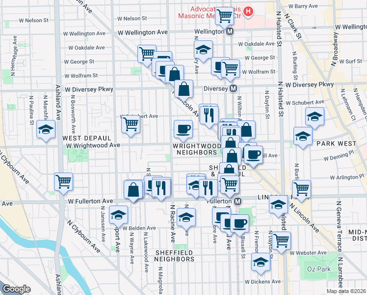 map of restaurants, bars, coffee shops, grocery stores, and more near 1117 West Lill Avenue in Chicago