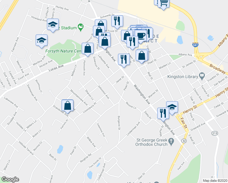 map of restaurants, bars, coffee shops, grocery stores, and more near 27 Emerson Street in Kingston