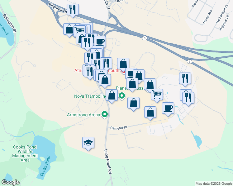 map of restaurants, bars, coffee shops, grocery stores, and more near 68 Long Pond Road in Plymouth