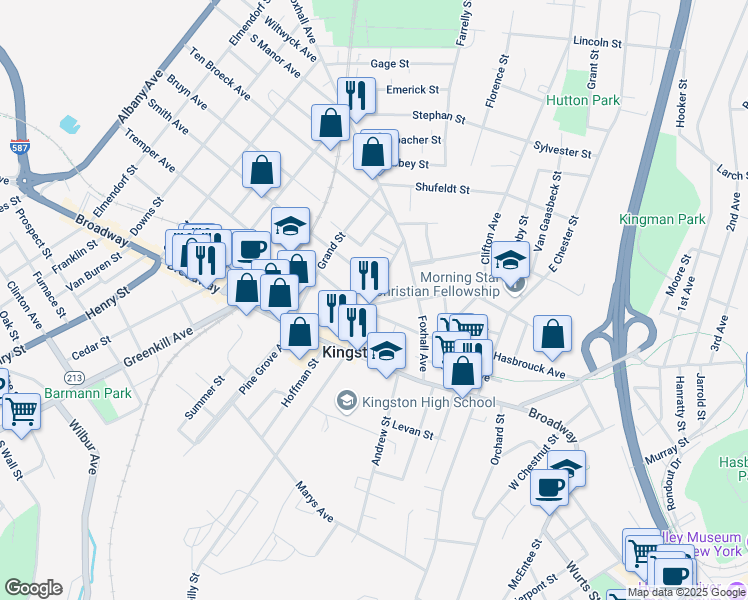 map of restaurants, bars, coffee shops, grocery stores, and more near 440 Hasbrouck Avenue in Kingston