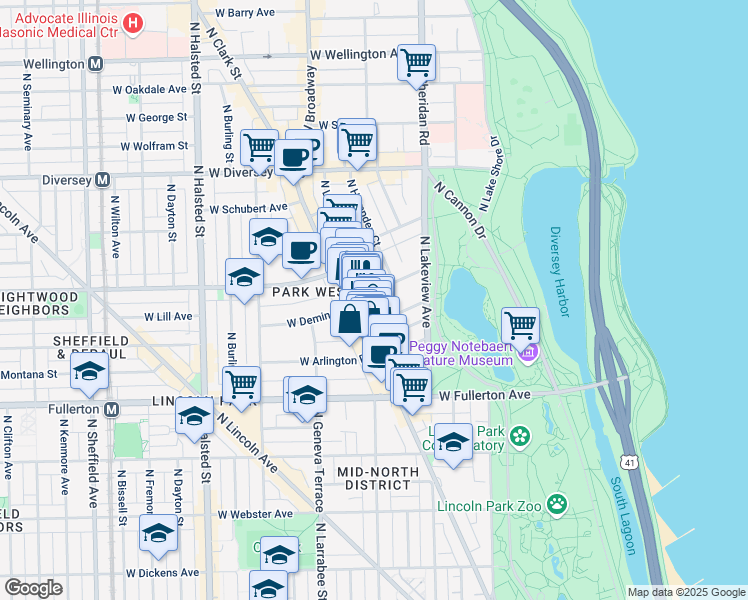 map of restaurants, bars, coffee shops, grocery stores, and more near 2504 North Clark Street in Chicago