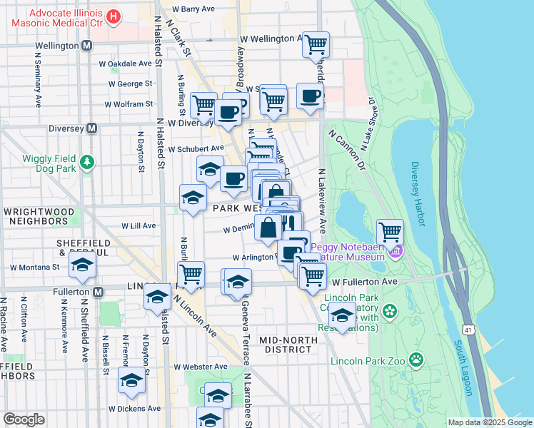 map of restaurants, bars, coffee shops, grocery stores, and more near 2504 North Clark Street in Chicago