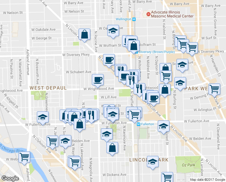 map of restaurants, bars, coffee shops, grocery stores, and more near in Chicago