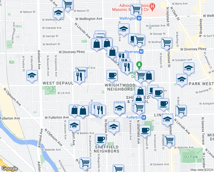 map of restaurants, bars, coffee shops, grocery stores, and more near 1156 West Lill Avenue in Chicago