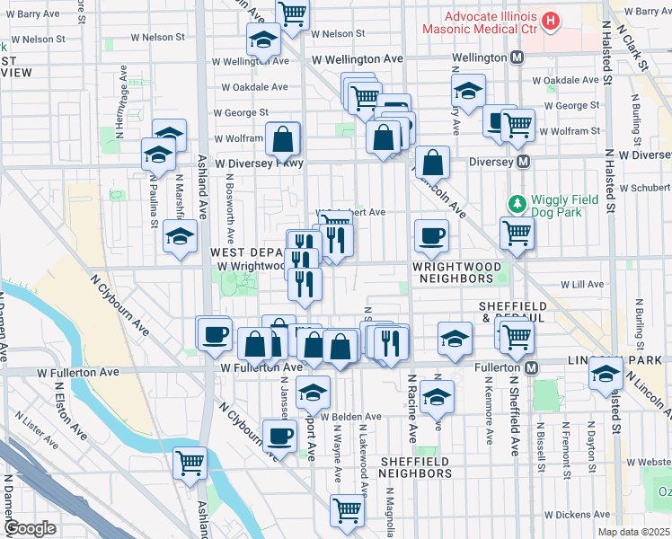 map of restaurants, bars, coffee shops, grocery stores, and more near 1256 West Draper Street in Chicago